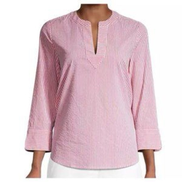 Vineyard Vines Tops - Vineyard Vines Performance Harbor Savannah Pink and White Striped Pull Over Top